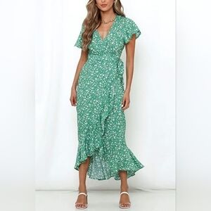 ZESICA Women's Summer Bohemian Floral Printed Wrap V Neck Ruffle‎ Maxi Dress S